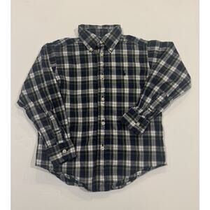 Ralph Lauren Boys Plaid Button Down Shirt 4T Navy Green Cotton Logo
